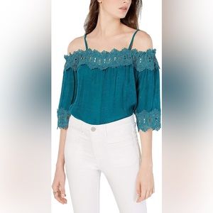 BCX Women’s/Juniors Off Shoulder Lace Trim Top Turqoise - Large